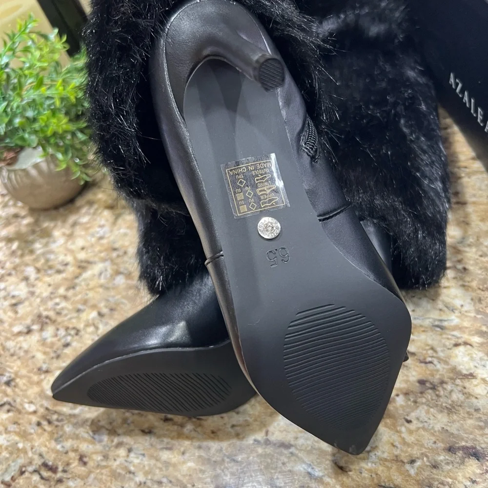 AZALEA WANG Langleye Black Faux Fur Over The Knee Stiletto Boots 6.5